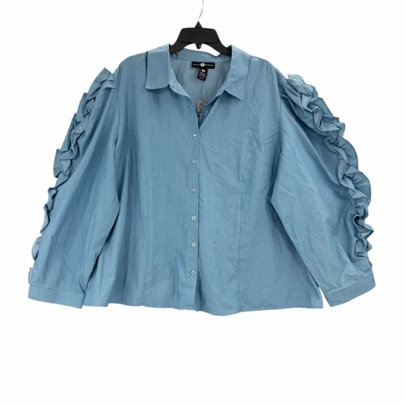 Ashley Stewart Blue Ruffle Sleeve Button Front Blouse Size 22/24 Plus NWT New - Picture 4 of 12